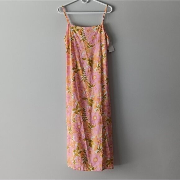 New Billabong Sundress Spaghetti Strap Bright Pink Floral Green Midi Medium - Picture 6 of 12